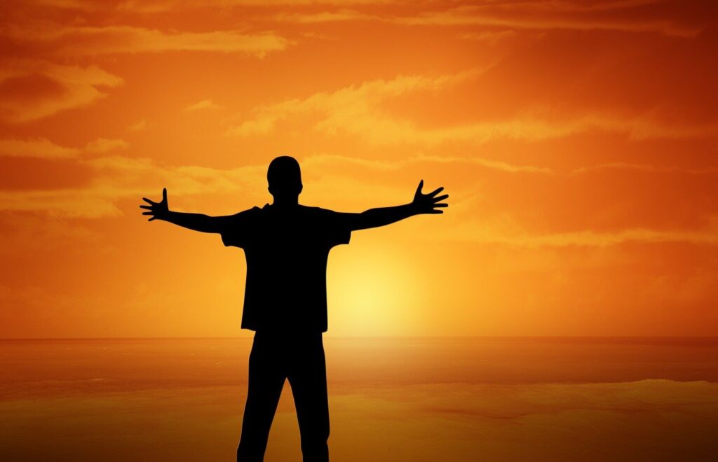 sunset, boy, open arms, gesture, orange sky, silhouette, dusk, man, masculine, pleasure, cheers, happiness, nature, love, lust for life, hug, positive