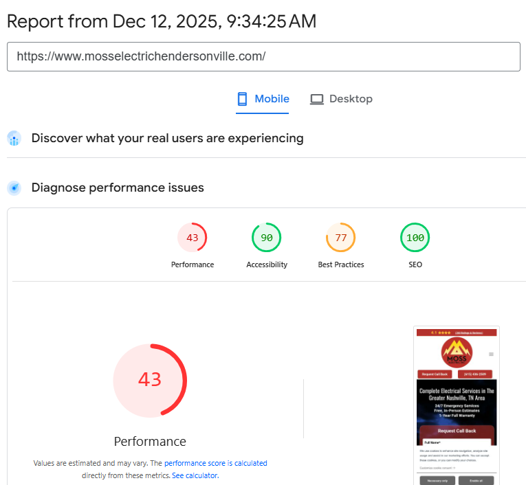 Moss Electric website performance speedometer